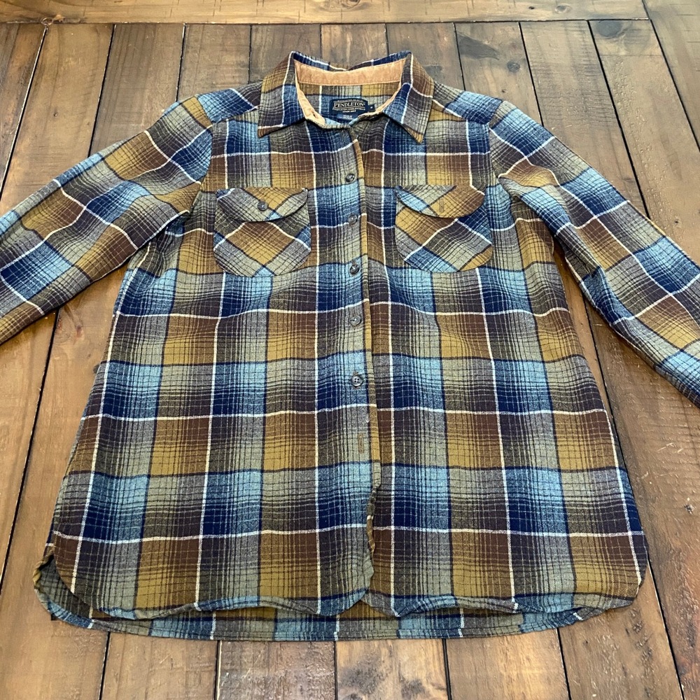 Pendleton Board Shirt Mens Small Blue Brown Plaid 100% Virgin Wool Corduroy Trim
